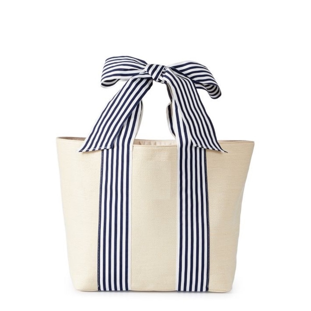 NEW Mark & Graham RIBBON BOW BAG BEACH BAG Tote Raffia Bag Bow Tie button close